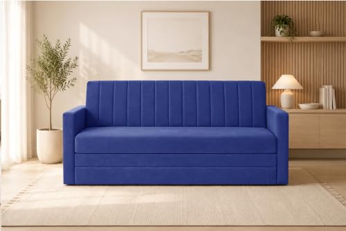 Image of Los Angeles Modern Velvet 3-Seater Sofa Cum Bed with Armrest, Multipurpose Convertible Sleeper Couch Sofa for Living Room, Bedroom & Office- Blue Color