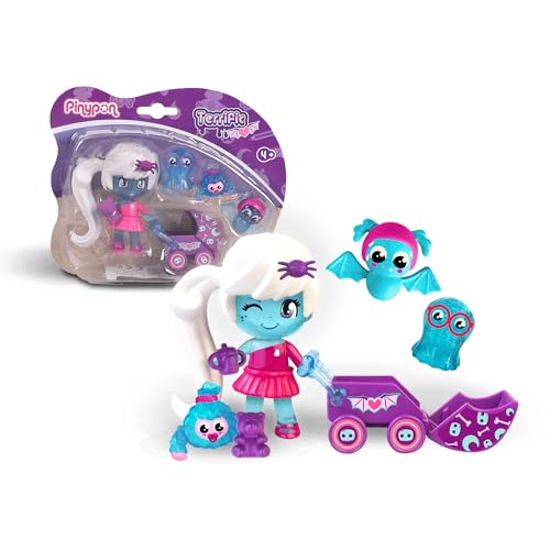 Pinypon - Terrific My Monsters & Me, pack figura fantasma com os seus 3 animais de estimação e carrinho de passeio, boneco com decorações que brilham no escuro, para crianças e crianças + 4 anos