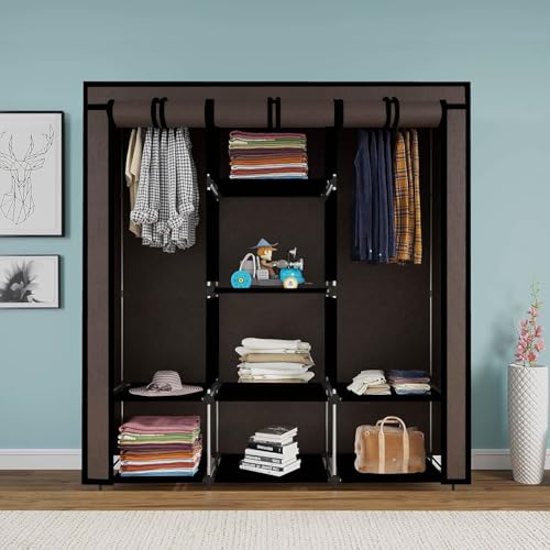 Image of Maison & Cuisine Collapsible Wardrobe Portable Foldable Closet for Clothes Almira, 2 Hanging Space, 8 Shelves and 2 Side Pocket (Non-Woven Fabric 90GSM, 126x42.5x166cm) (88130C-N(Brown)