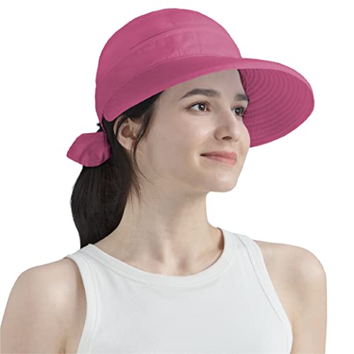 SUN CUBE Women Sun Hat for Outdoor UV Protection, Wide Brim Sun Hat Ponytail, Convertible Zip-Off Beach Hat Visor for Golf Gardening Pool Travel, Foldable Summer UPF50+ Visor Hat, Fushia Pink