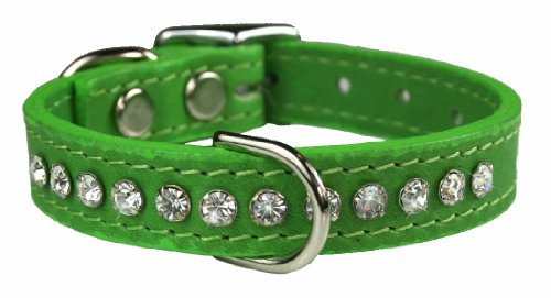 Image of Signature Leather Crystal Dog Collar, Kiwi Solid Grain Leather, Fits 9.5 inch-11.5 inch Neck Size, 14 inch Overall Length