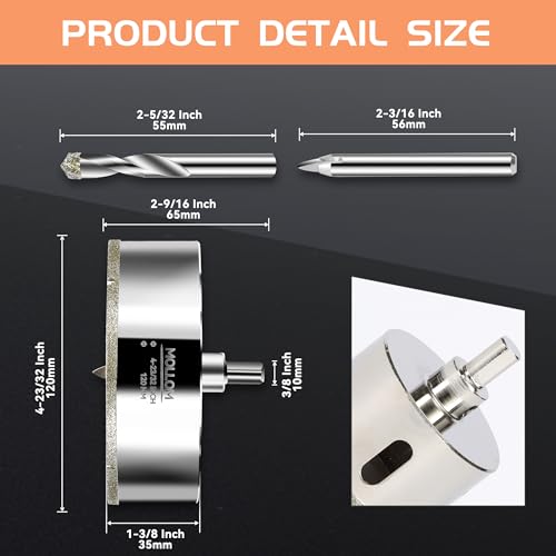 Image of MOLLOM 4-23 /32 inch (120mm) Diamond Hole Saw with 2 Pilot Drill Bit | Tile Hole Saw Smooth Cutting Porcelain Tiles,Ceramic,Marble,Granite