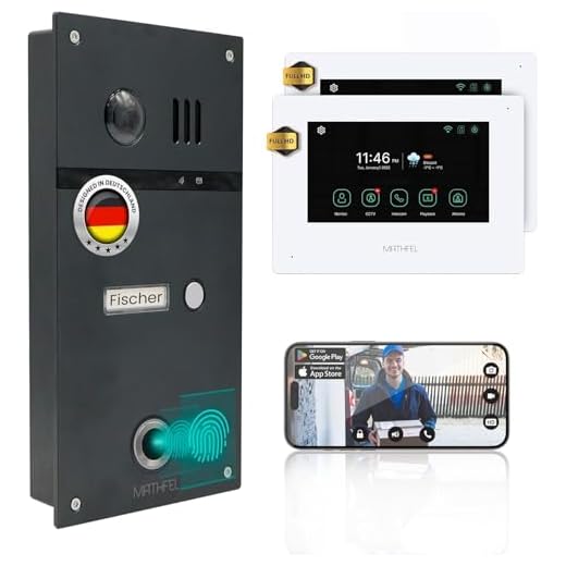 MATHFEL 4 Draht Video Fingerprint Türsprechanlage Gegensprechanlage Fischaugenkamera 170 Grad Außenstation, Größe: 2x7'' Monitor in weiß mit WLAN