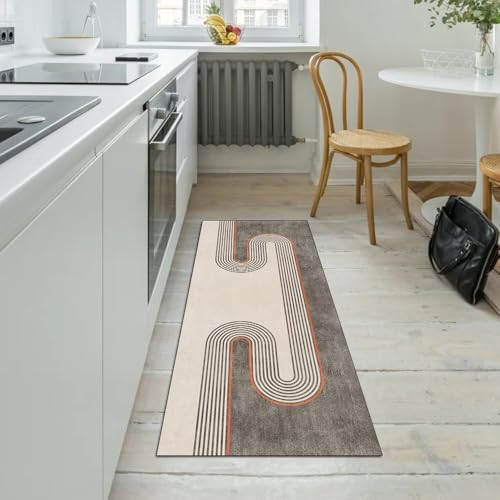 Alfombra de cocina beige de diseño patchwork con acabados resistentes 5