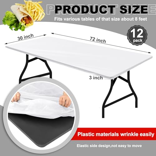Image of Boao 12 Plastic Elastic Fitted Tablecloths, 6 Ft, 72 x 30 Inch, White