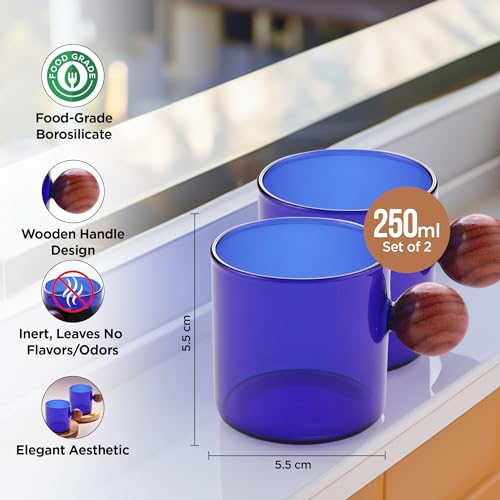 Image of UMAI Borosilicate Glass Coffee Mug with Wooden Handle | Tea Cups Set of 2 (120ml Each) | High Heat Resistance | Microwave and Dishwasher Safe | Ideal Gifts for Friends /Family /Couples (Blue)