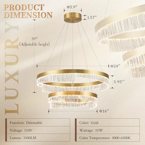 Sparklelf Modern LED Chandelier 2 Ring Gold Penndant Light Fixture for Dining Room Dimmable Flush Mount Chandelier with Remote Control for Living Room Bedroom Foyer by Sparklelf - Used condition - Image 8