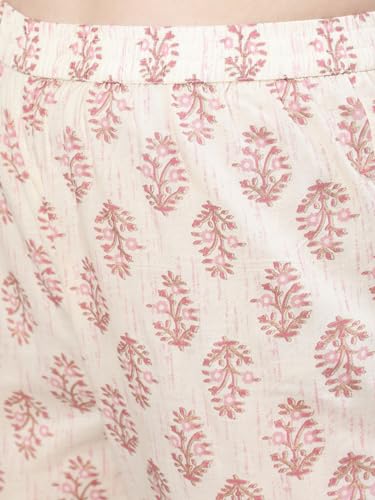 Image of Mizaz Women Printed Embroidered Cotton Round Neck 3 /4 Sleeve Ankle Length Flared Kurta Pant And Dupatta Set (MZ1038OFFWHITE P)