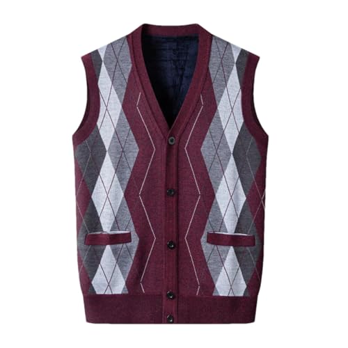 Fulbant Men Classic V-Neck Sweater Vests Argyle Sleeveless Cardigan Button Down Knit Vest M07 Wine Red Xxxl
