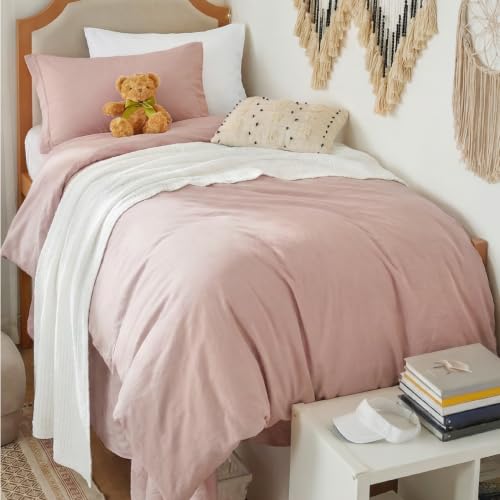 Image of Bedsure Prewashed Twin Duvet Cover, Cotton-Like Bedding Set, Rose Pink | Ultra Soft, Relaxed Texture, Twin XL Breathable Comfort, Hidden Zipper, 8 Corner Ties, Easy Care, OEKO-TEX, Year-Round Use