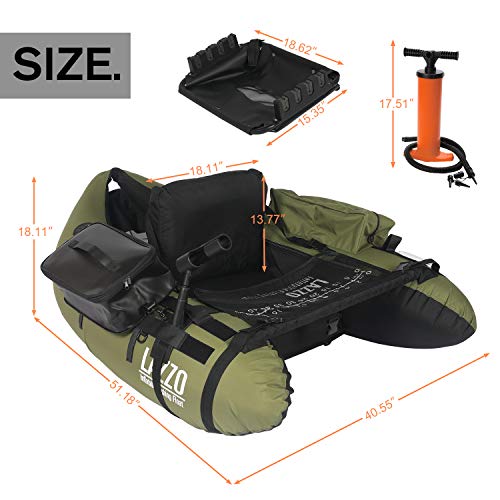 LAZZO Inflatable Fishing Float Tube with Hand Air Pump, Hold up to 286lb, Flotation Boat Includes Storage Pocket, Step in Fins,Inflate Seat & backrest, Rod Holder and Rack, Oar,Fish Ruler, Green - Thumbnail 5
