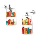 Bookcase Stud Earrings Small Dangle with Book Shelves Patterned Acrylic Hypoallergenic