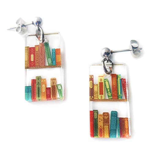 Bookcase Stud Earrings Small Dangle With Book Shelves Patterned Acrylic Hypoallergenic #TOP17