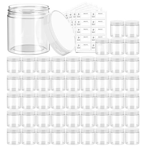 50 Pack 4 OZ Plastic Jars Round Clear Cosmetic Container with Clear Lids Eternal Moment Slime Jars for Lotion Cream Ointments Makeup Eye shadow Rhinestone Samples Pot Travel Storage