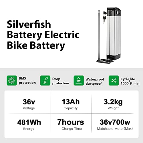 Image of Yose Power 36V13Ah Ebike Battery, XH370-10J Silver Fish Lithium-ion Pedelec Battery with Charge for 250W /350W /500W Electric Bike Bicycles Folding Bike Mountain Bike Motor (US Warehouse)