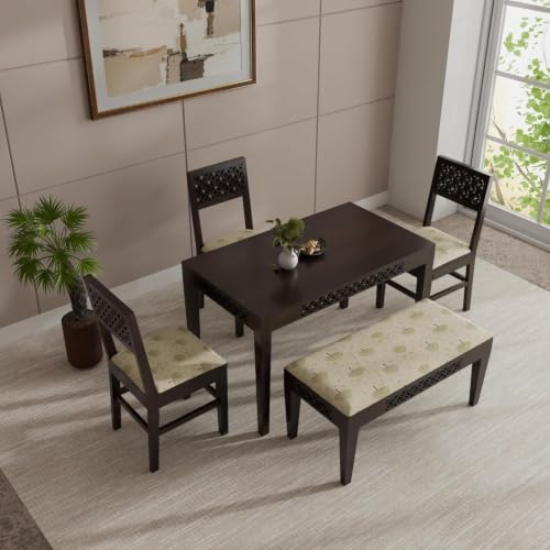 Image of THE WOODEN CITY Solid Sheesham Wood 3 Chair with 1 Bench Dining Table Set with Cushioned Chairs for Dining Room | Living Room | Home & Office - Walnut Finish