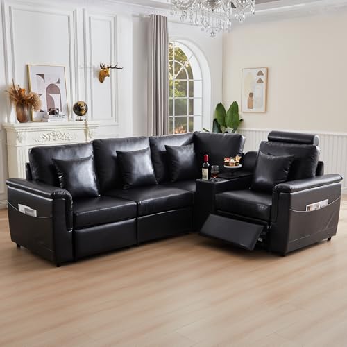 Image of RARZOE Faux Leather Sectional Sofa with Power Recliner, L Shaped PU Leather Couch with Storage Console Charging Cup Holders, 4 Seater Oversized Modular Reclining Couches for Living Room,Black
