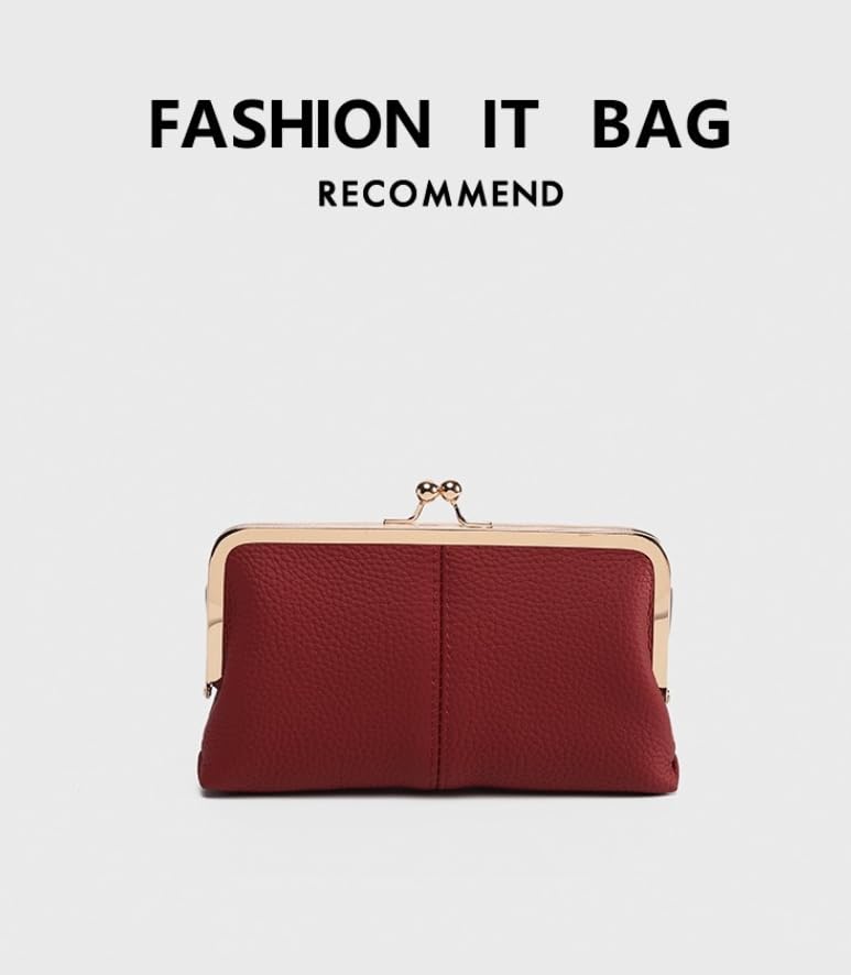 Vintage Kiss Lock Genuine Leather Wallet for Women Multi Card Slots Travel Clutch Purse (Wine Red)3