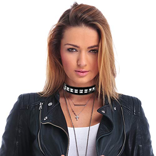 Skeleteen Biker Leather Studded Choker - Gothic Punk Rock N Roll Jewelry Accessories Leather And Metal Collar Costume Necklace #TOP3