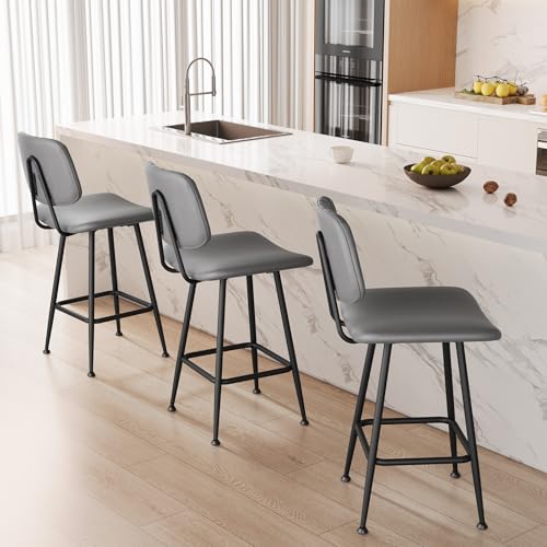 Image of Raynesys 24-Inch Leather Bar Stools Set of 4 with High Backrest, Grey