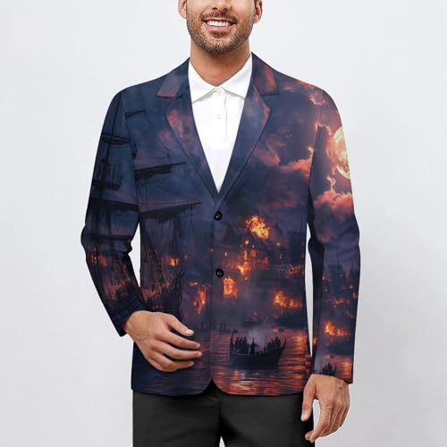 Sailing Ship Moon Burning Village Classic Suits Blazer for Men Business Tuxedo Jacket Sport Coat Two Buttons2