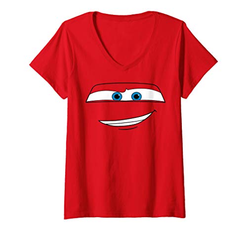 Womens Disney Pixar Cars Lightning McQueen Big Face V-Neck T-Shirt