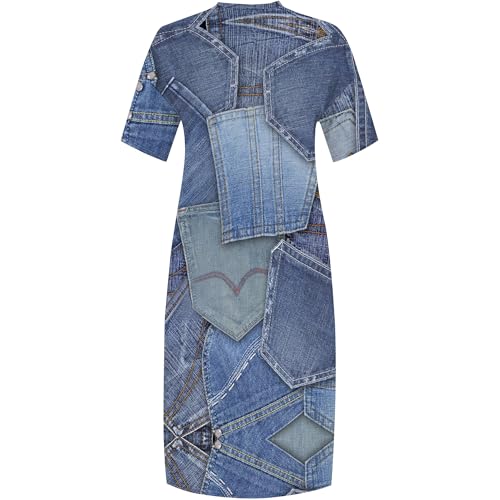 Image of SUZONANA Plus Size Denim Print Shirt Maxi Dresses for Curvy Women Casual Blue Jean Summer Outfits Long Short Sleeve Dress with Pockets Patchwork 4XL
