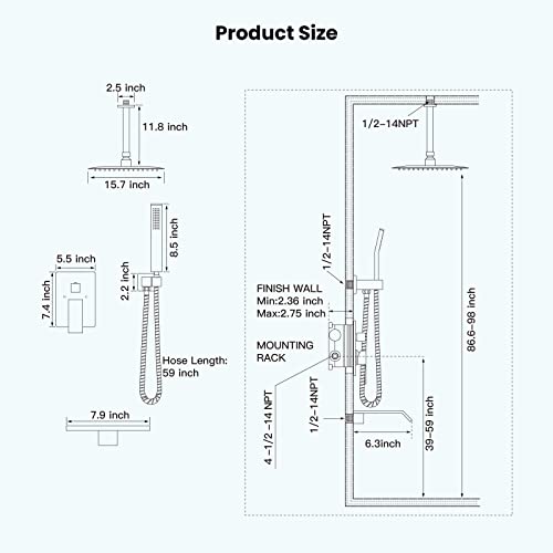 Gotonovo Rain Mixer Shower Faucet Set With Waterfall Tub Spout 16-Inch Square Rainfall Shower Head With Handheld Spray Ceiling Mounted Chrome Polished High Pressure Rough-In Valve And Trim Included #TOP5