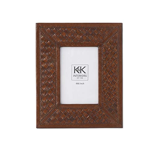 K&K Interiors 15657A Set Of 2 Tan Leather Basket Weave Photo Frames (Grad Sizes), Brown #TOP2