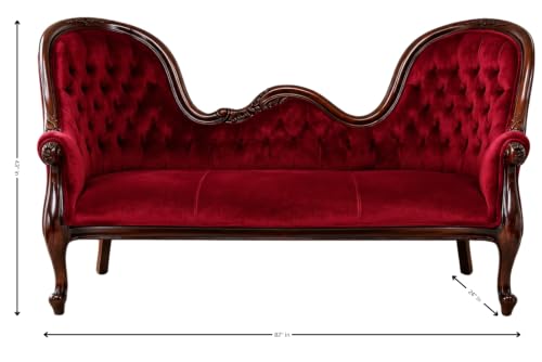 Image of Victorian Style Chaise Lounge, Tufted Cream Upholstery, Mahogany Wood Frame, Classic Living Room Furniture (Deep Burgundy Red)