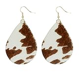 Kathaya Genuine Leather Teardrop Hook Earrings Handmade Lightweight Floral Cow Print Earring for...