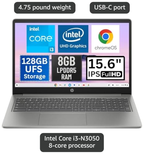 Image of HP Chromebook Plus Laptop 15.6 Inch Intel Core i3-N305 8GB LPDDR5 RAM 128GB UFS UHD Graphics ChromeOS Wifi Bluetooth USB-C 1080p Webcam MicroSD Reader, Mineral Silver 15a-nb0033dx Computer (Renewed)