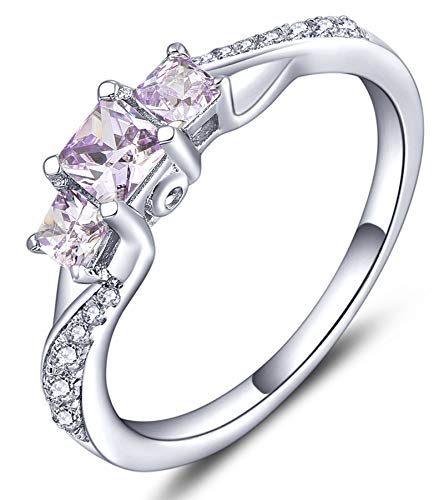 YL Women's Sterling Silver Clear Birthstone 3-stone Princess Cut Wedding Rings for Engagement Jewelry
