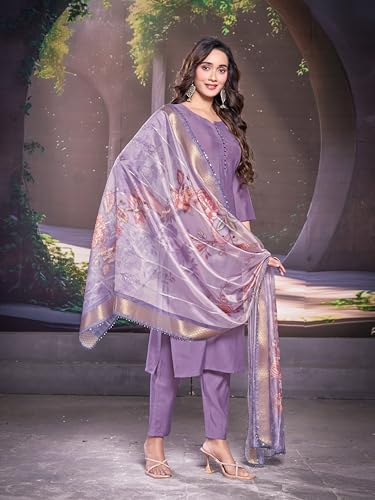 Image of Women's Cotton 3 /4 Sleeves Purple Straight Kurti with Matching Pant & Printed Dupatta Set