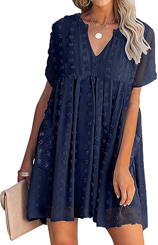 MIHOLL Women's V Neck Short Sleeve Ruffle Loose Summer Flowy Mini Dress