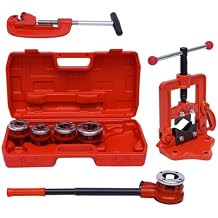 Pipe Threading Machine Manual Ratcheting Pipe Threader with 5 Dies, Pipe Cutter & Pipe Vise, Hand-held Pipe Threader Tool 3/8"-1-1/4 for Galvanized Pipe, Iron & Steel Pipe