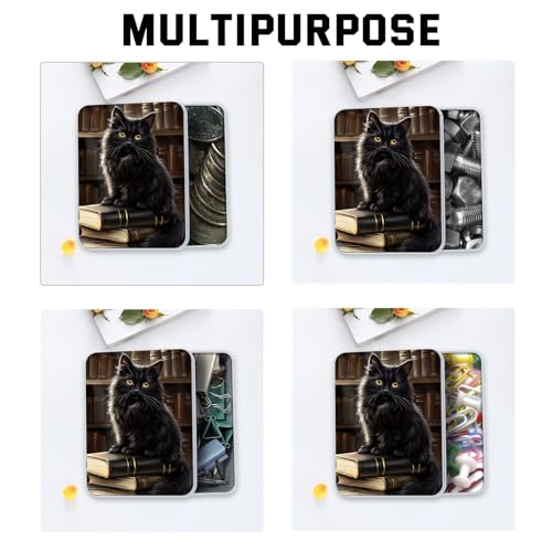 Image of Metal Tin Box with Lid,Multi-functional Storage Large Box Can Store Tea Biscuits Game Cards, Playing & Tarot Cards-Comes with 4 Magnetic Cord Clips,Black Cat on Books