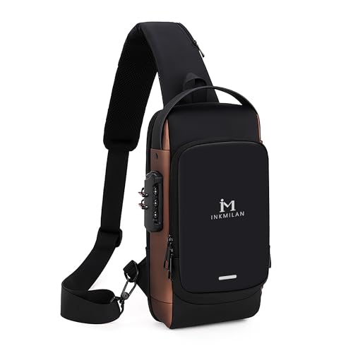 INKMILAN Stylish Unisex Waterproof Anti-theft CrossBody Bag With Password Zipper Lock and USB Charging | Office, Travel BackPack for Adults (Mettalic Black)