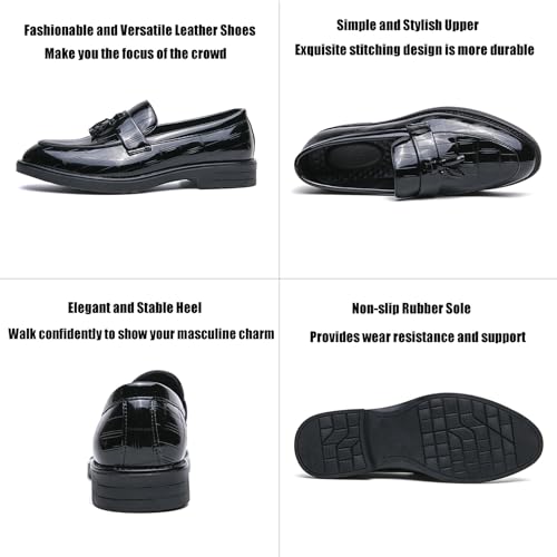 AMAZIDEAL Men's Patent Leather Tassel Slip-on Penny Loafers,Fashion Round Toe Non-Slip Causal Business Dress Shoes Party Wedding Prom Shoes2