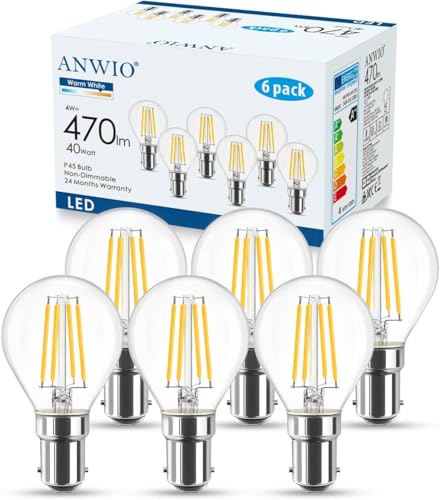 ANWIO B15 LED Golf Small Bayonet Filament Bulb 40W Equivalent 4W Small Bayonet P45 Golf Led 2700K Warm White Led Light Bulb Bayonet 470Lm 220-240V 77 * 45MM Non-Dimmable(6 PCS)