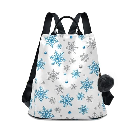 Sac à dos femme bleu et argent à motif flocons et poignée cuir