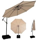 Sunnydaze 10ft Cantilever Offset Patio Umbrella with Base Included for Porch, Deck, Pool, or Backyard - Polyester Sandbag Weight, Push-Button Tilt and Crank, Powder-Coated Steel Pole - Beige