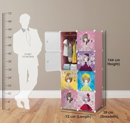 Image of KRISHYAM Kids Modular Storage Cabinet with Cartoon Princess Print Doors, 8 Cube Plastic Wardrobe Organizer, DIY Closet System with Hanging Rod, Toy & Clothes Storage (Baby Print, 8 Box)