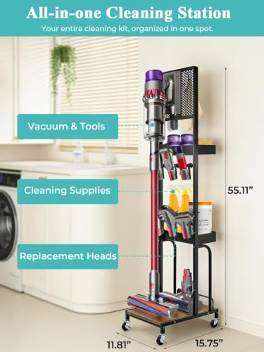 Image of Haturi Vacuum Stand for Dyson V16 Gen5 V15 V12 V11 V10 V8 V7 | Exclusively Designed for Dyson, Robust Base, Freestanding, Accessory Organizor with 6 Hooks & 2 Metal Baskets, Black