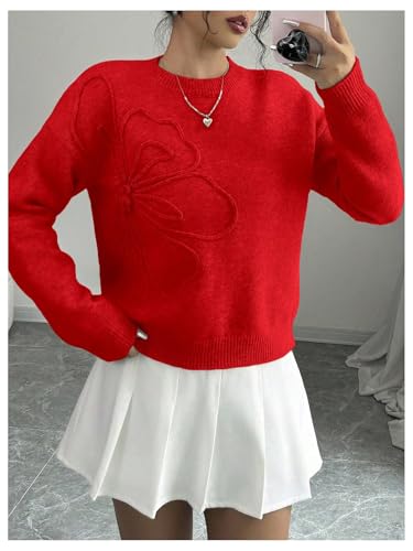 Image of RoseSeek Women's 3D Floral Appliques Crewneck Sweaters Long Sleeve Drop Shoulder Pullovers Elegant Knit Tops