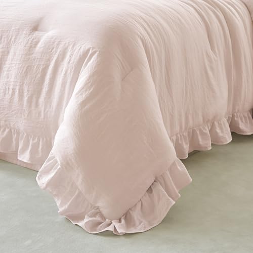 Image of Pink Ruffle Comforter Set Queen, Pre-Washed Shabby Chic Bedding Set, Lightweight Cottagecore Soft Romantic Cozy 1 Comforter & 2 Shams, All-Season