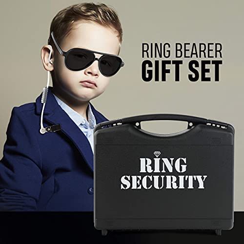 Wedding Ring Security Box with Black Sun Glasses and Top Secret Spy Ear Piece Ring Bearer Gifts Special Agent Ring Bearer Suitcase for Kids