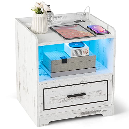 COSTWAY Table de Chevet LED avec 2 Ports USB et Tiroir, Table de Nuit Lumineuse 3 Couleurs avec Compartiment, Capteur Intelligent, Blanc, 45 x 40 x 50 cm