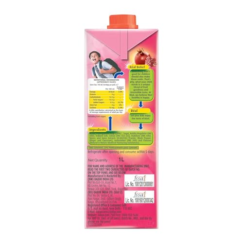 Image of DABUR Real Masala Pomegranate Fruit Juice-1L (Pack of 8)| No Added Preservatives, No Artificial Colours & Flavours|Chatpata Masala|Fruit Nutrition|Tasty, Refreshing & Energizing Fruit Drink