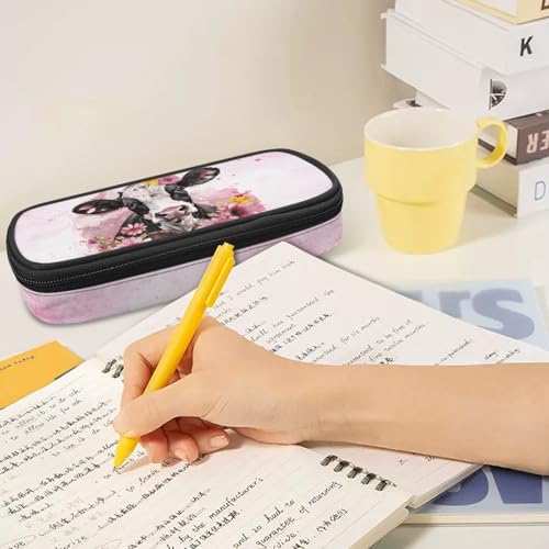 Image of Cow Flower Kids Pencil Case Big Capacity Pen Pouch for School Supplies Zippered Pencil Bag with Slots Pink Pencil Storage Bag for Middle School